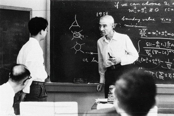 Theoretical physicist Robert Oppenheimer lectures at Kyoto University on September 14, 1960 in Kyoto, Japan (Photo by The Asahi Shimbun)